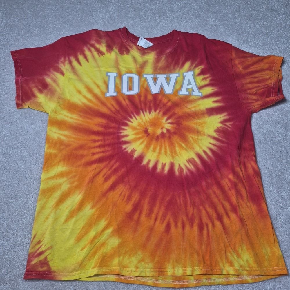 Colortone Tie Dye TShirt Red & Yellow Size XL Regular Fit "IOWA" Logo Blaze Fire